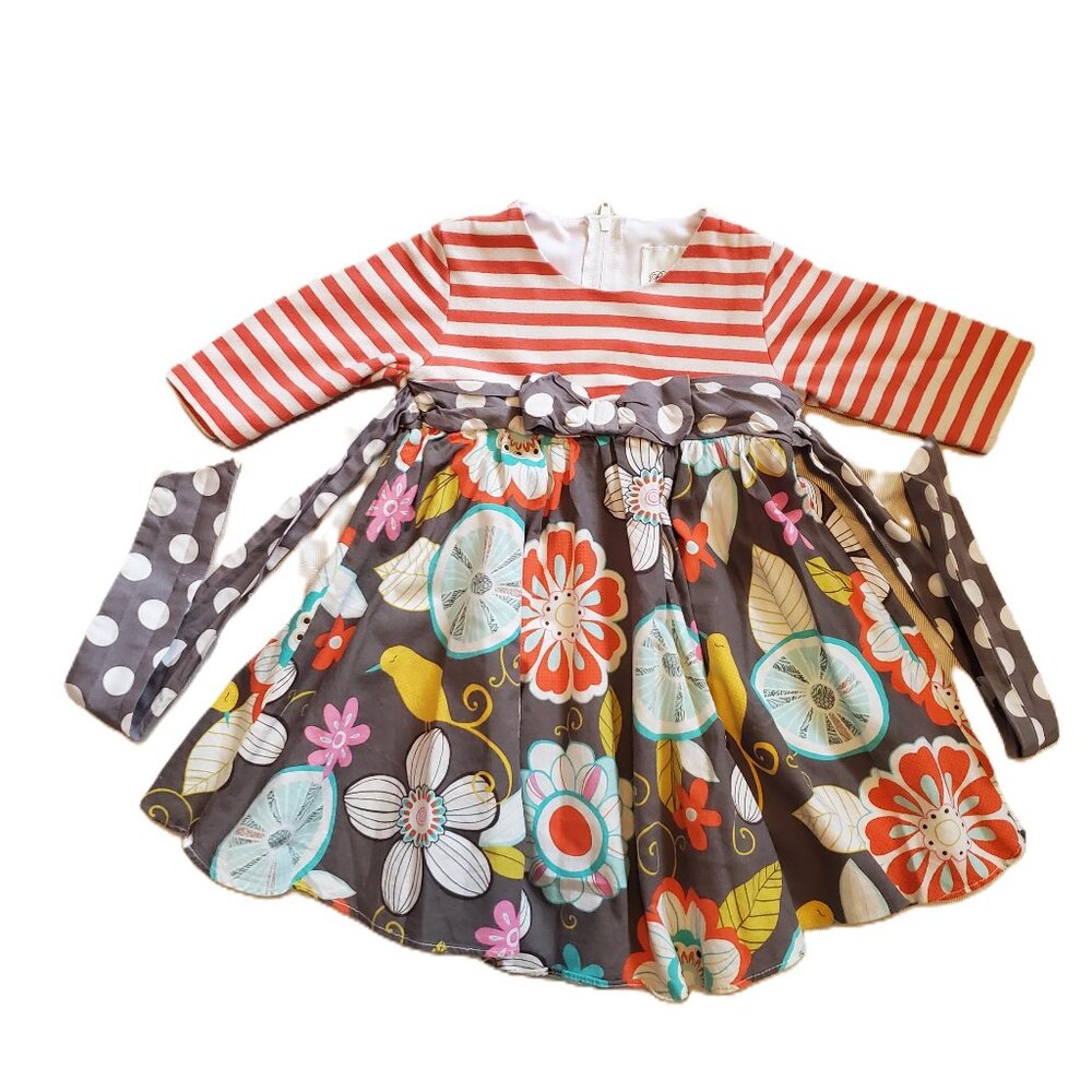 Rare Editions 2T Dress Grey Floral Orange stripe vintage EUC tie Back zipper